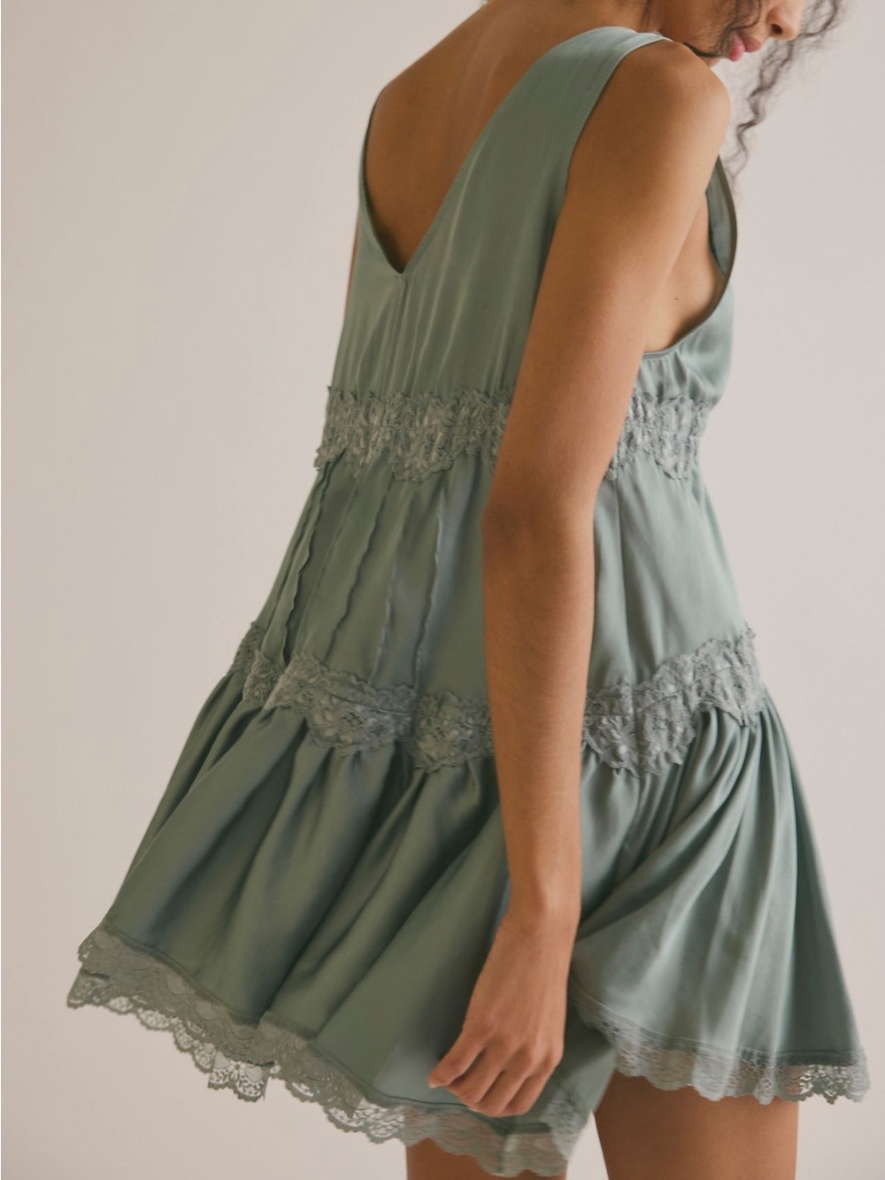 Free People Sage Green Lace-Trim Babydoll Mini Dress - Picture 2 of 3